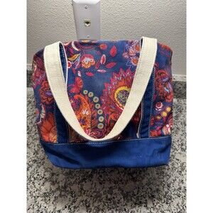 Lands' End 5 Pocket Open Top Canvas Tote Bag 16x13  Navy Paisley